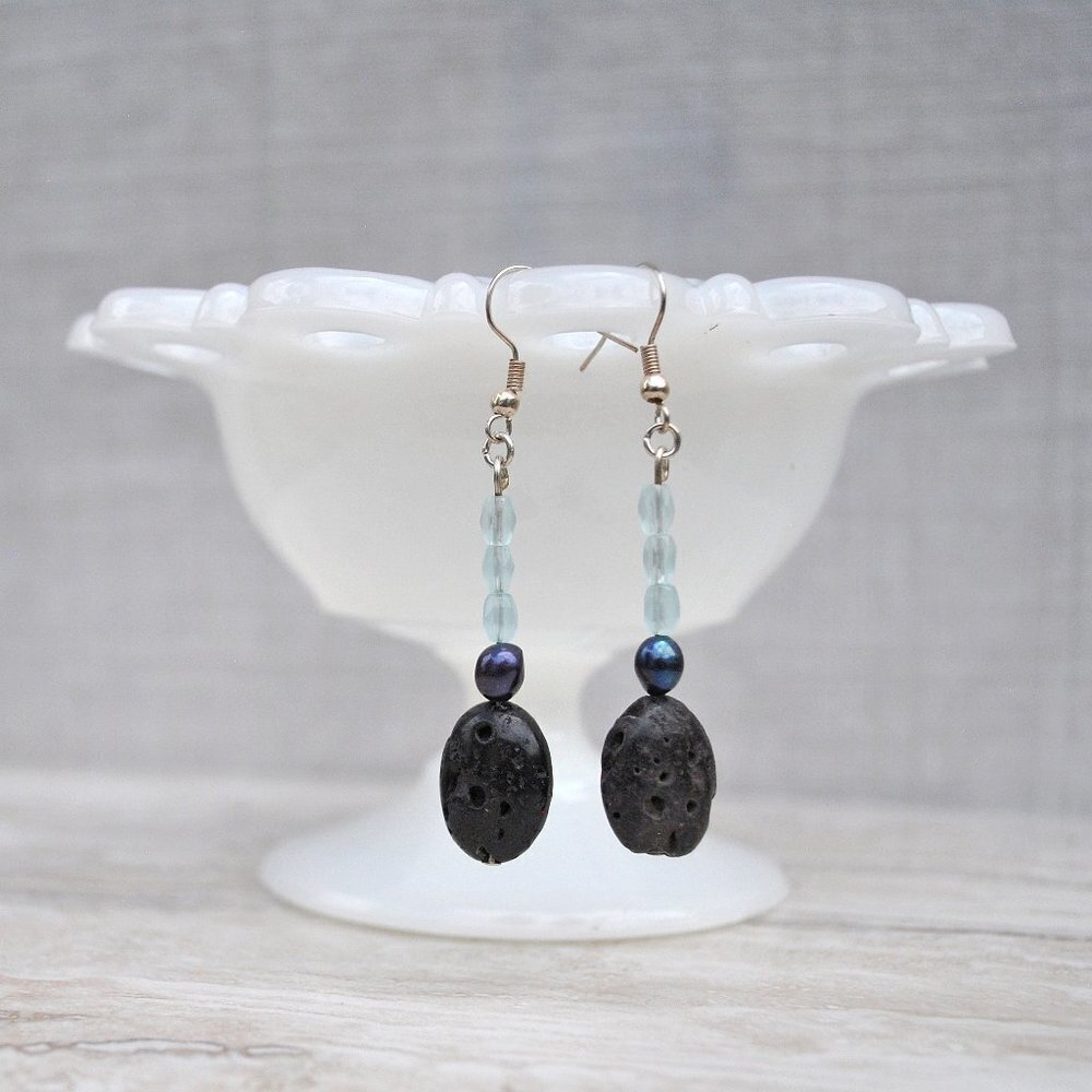 Aqua Agate, Pearl & Basalt Lava Rock Earrings, Handmade, Beaded, Diffuse…